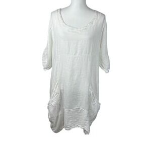 Vasna White Linen Dress Womens XL Pockets Button Sleeves Beach Lagenlook ITALY